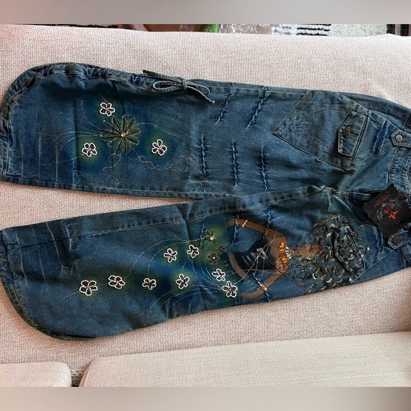 Blue Distressed Denim Cargo Pants Beaded Goddess Embroidery | Size 29 + Boho Y2K - Picture 2 of 9